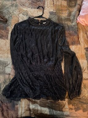 Metallic Black Long-Sleeve Peplum Top